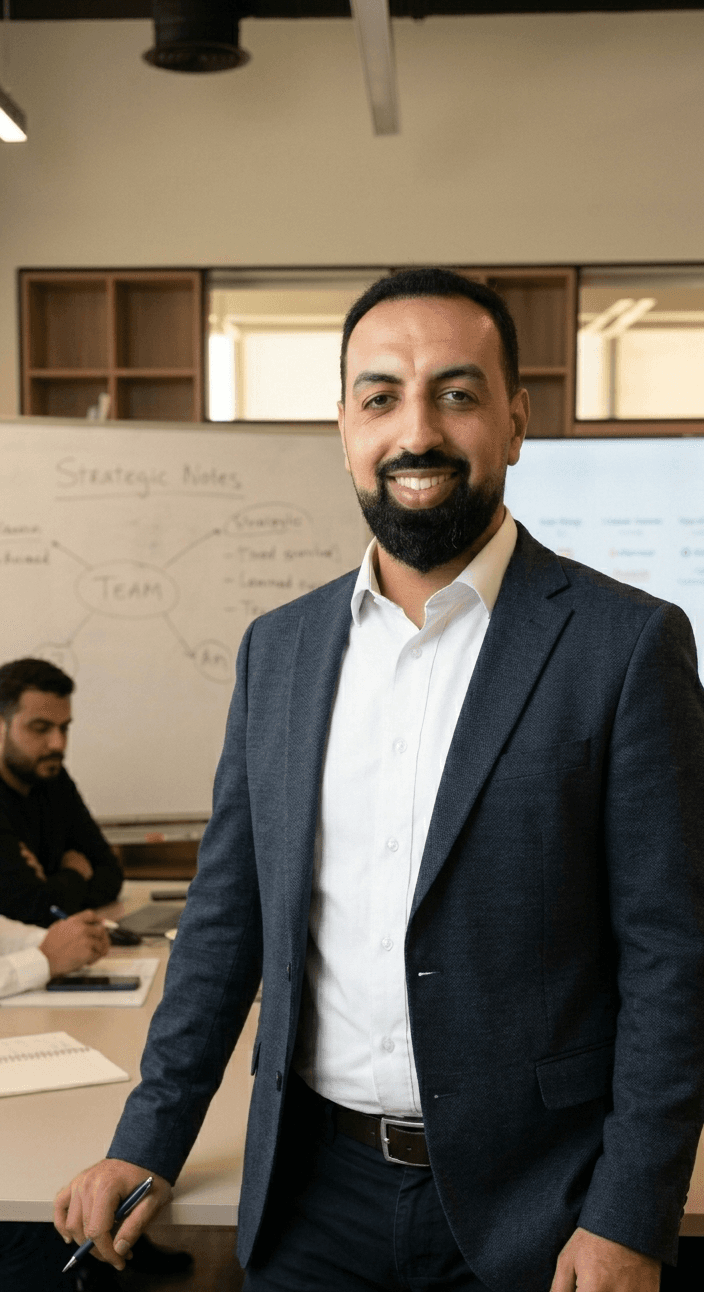Muhammad Almunasif, founder and theorist of DojoWell, photographed beside a strategy whiteboard.
